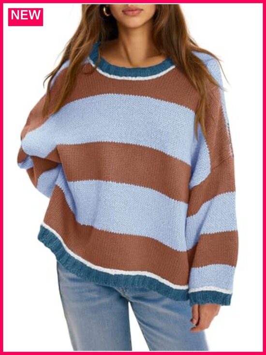 Sweaters - Oversized Knitted Striped Color Block Long Sleeve Crew Neck Pullover Sweater